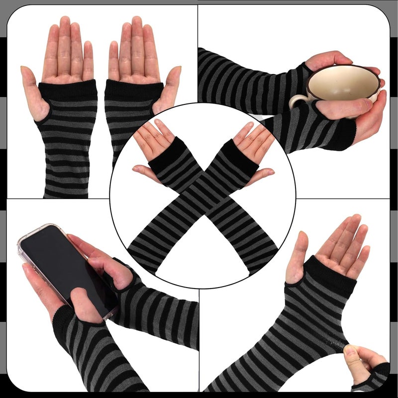 Tongcloud 1 Pair Womens Girls Punk Gothic Striped Knitted Arm Warmers Fingerless Gloves for Halloween Costume - Image 5